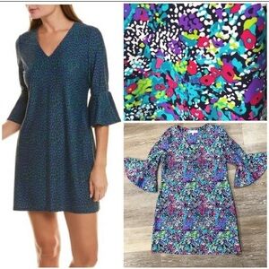 Jude Connally Sz S Lyla Watercolor Floral Print Bell Sleeve Shift V Neck Dress